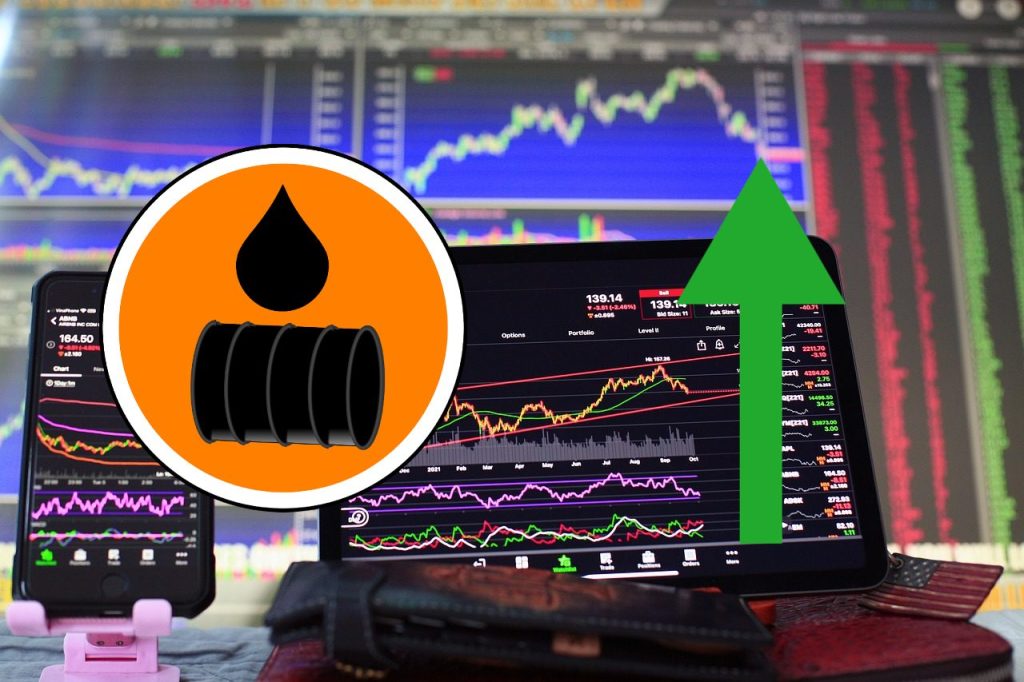 Chart trading con simbolo del petrolio e freccia verso l'alto