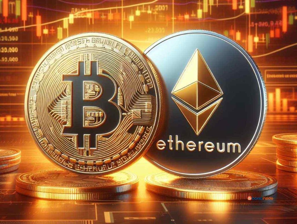 Una moneta di Bitcoin accanto a una moneta di Ethereum con dei grafici finanziari sullo sfondo