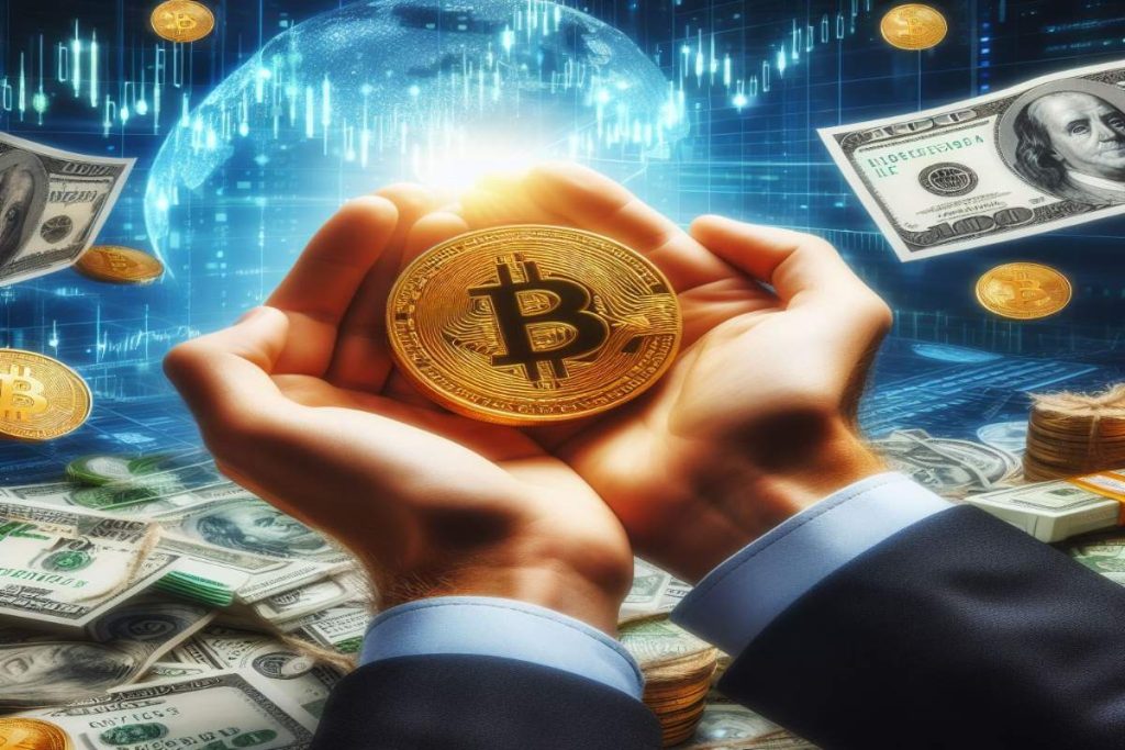 moneta Bitcoin tra le mani di un trader