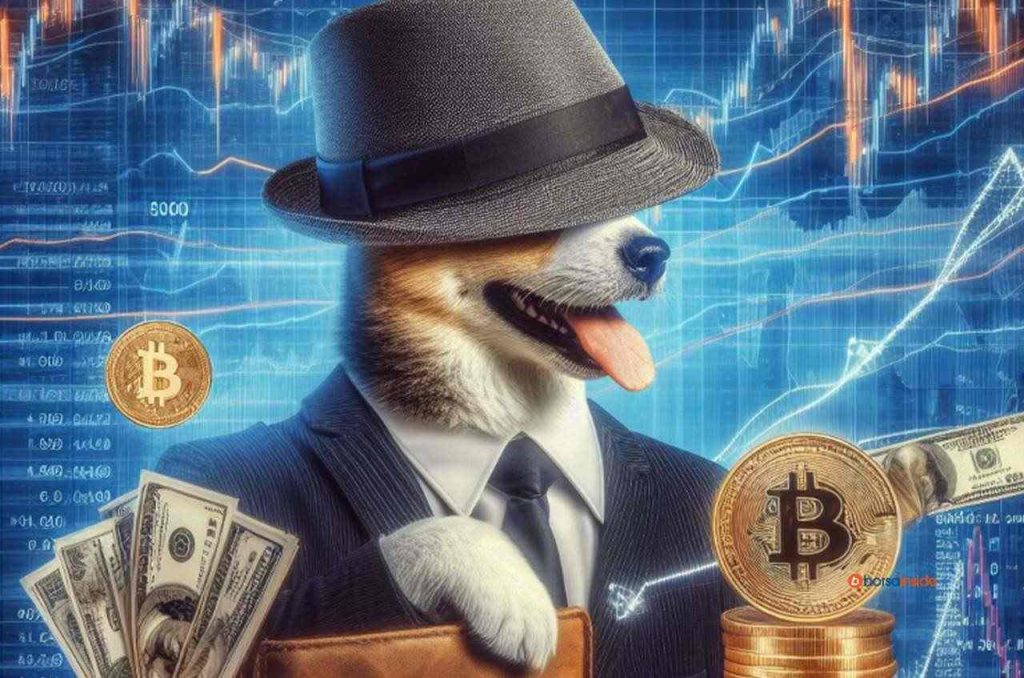 La mascotte di Dogwifhat in giacca e cravatta con dei grafici finanziari sullo sfondo tra banconote di dollaro e monete di Bitcoin