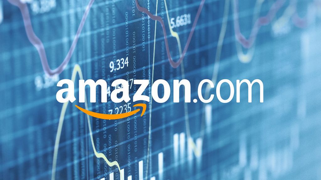 scritta e logo amazon su grafici andamento titoli finanziari