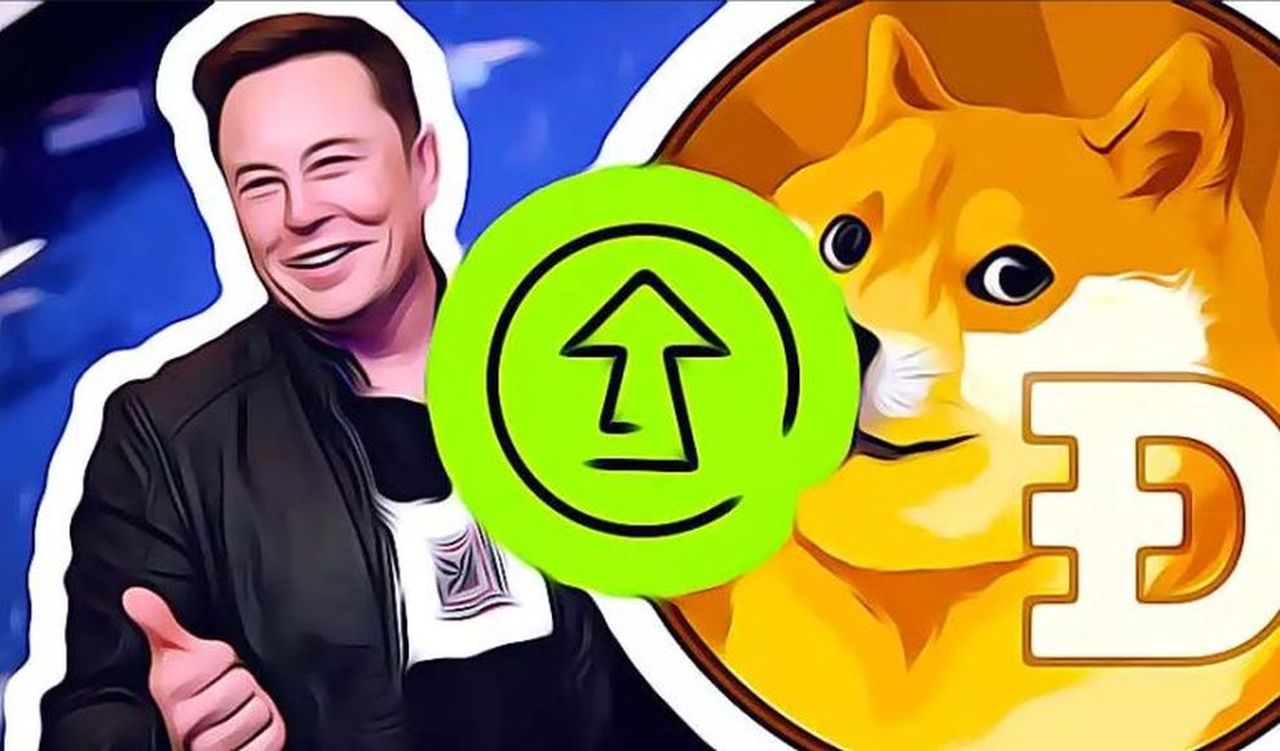montaggio con Elon Musk sulla sinistra e il simbolo della memecoin Doge sulla destra