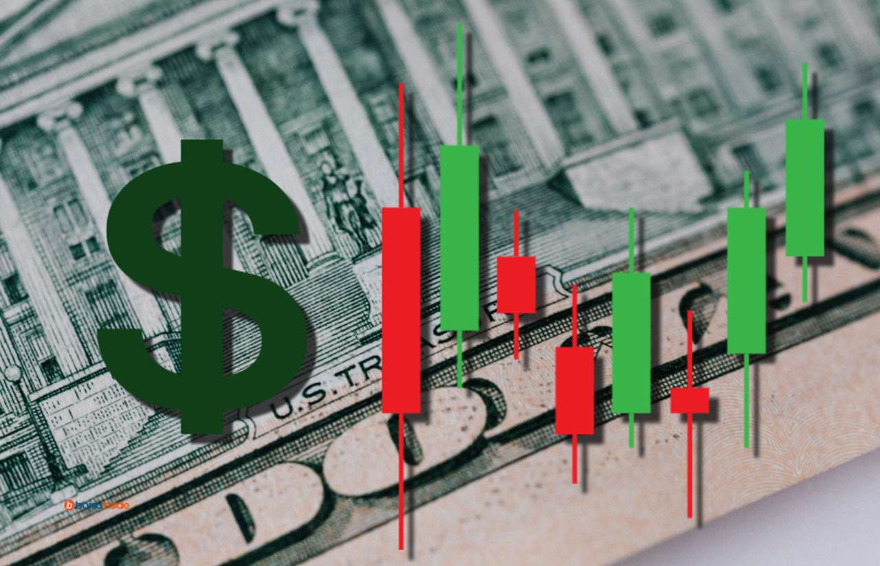 una banconota da un dollaro, il simbolo di USD e un grafico a candele