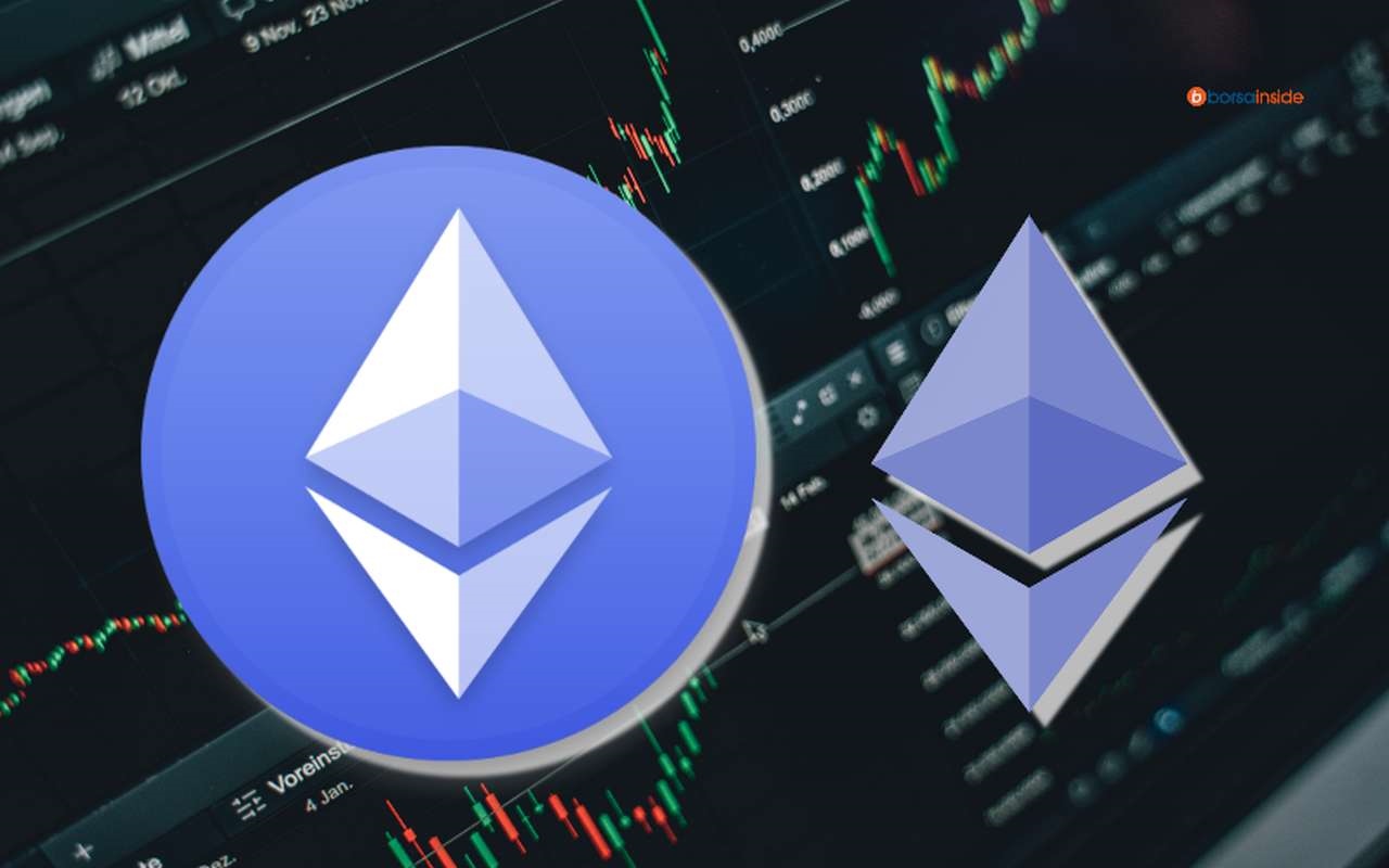 logo di Ethereum e un grafico sull'andamento di prezzo sullo sfondo