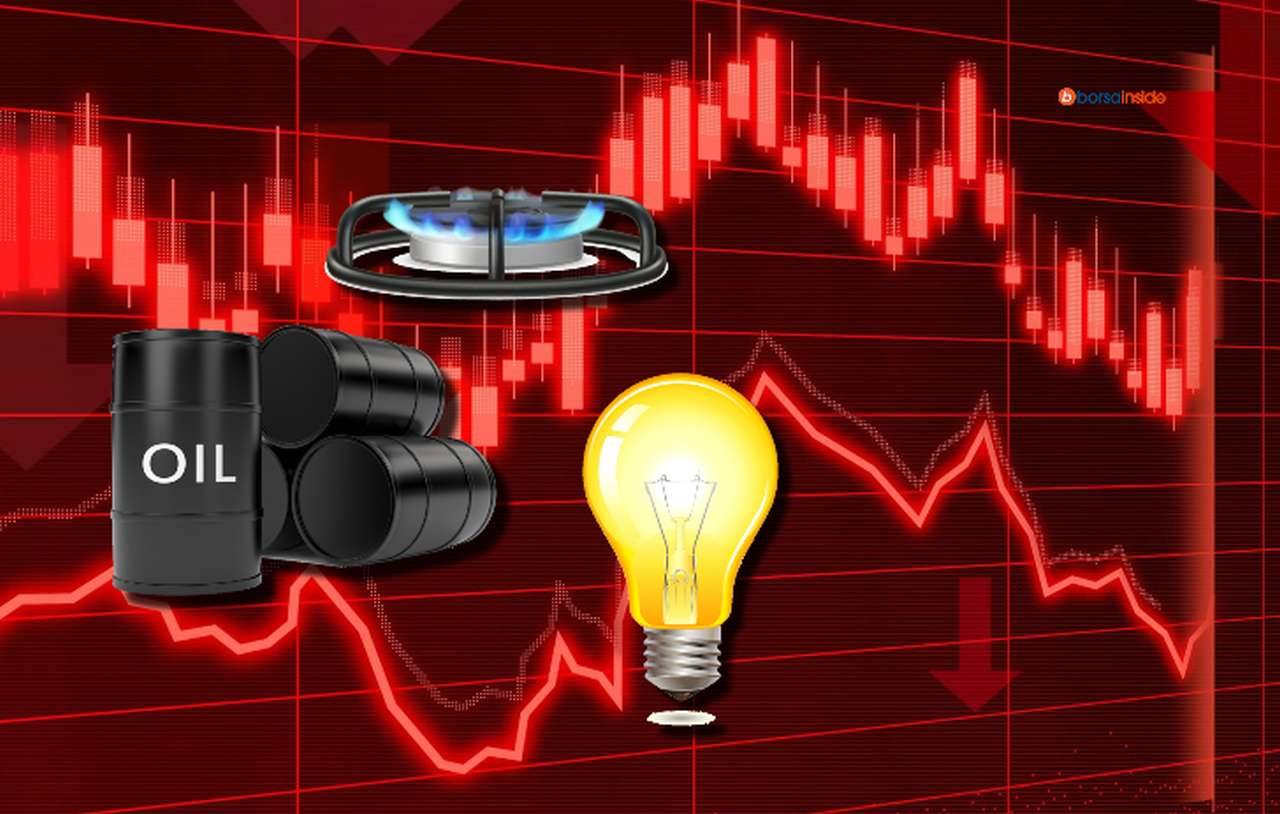 un grafico in toni di rosso, e in sovrimpressione una lampadina, barili di petrolio e un fornello del gas