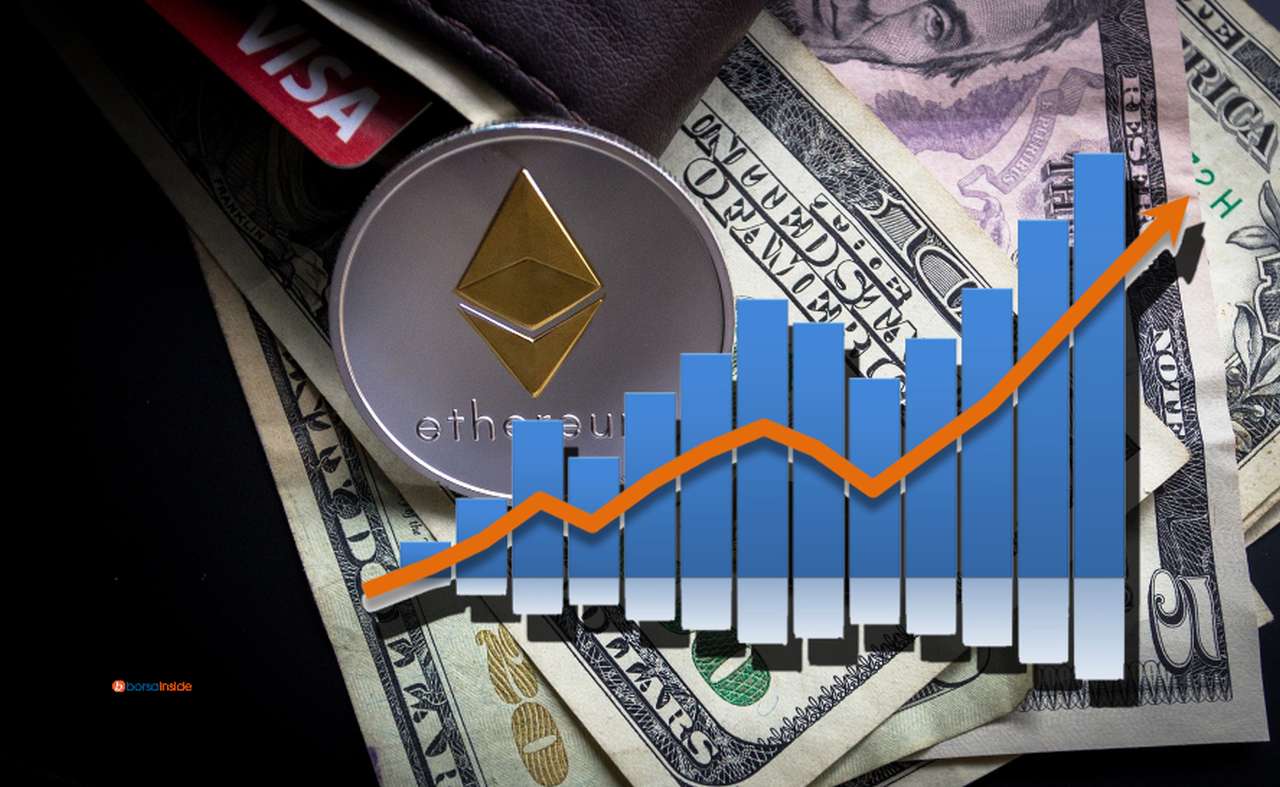 un portafogli con delle banconote di dollari e una moneta di Ethereum con un grafico