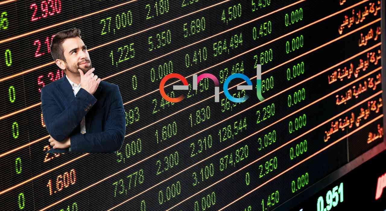 listino di borsa e trader che pensa accanto a logo di Enel