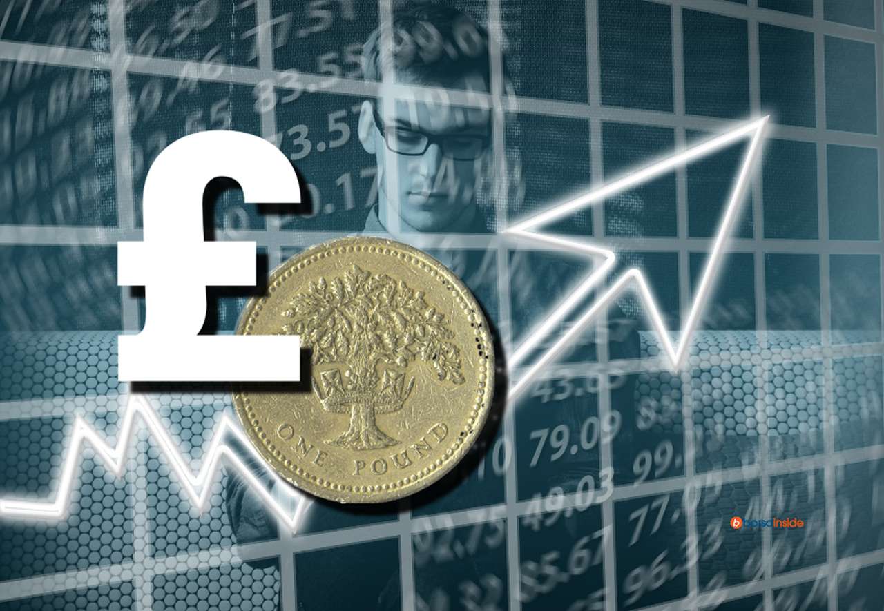 un grafico sull'andamento dei prezzi con una freccia, il simbolo della sterlina e una moneta da 1 pound