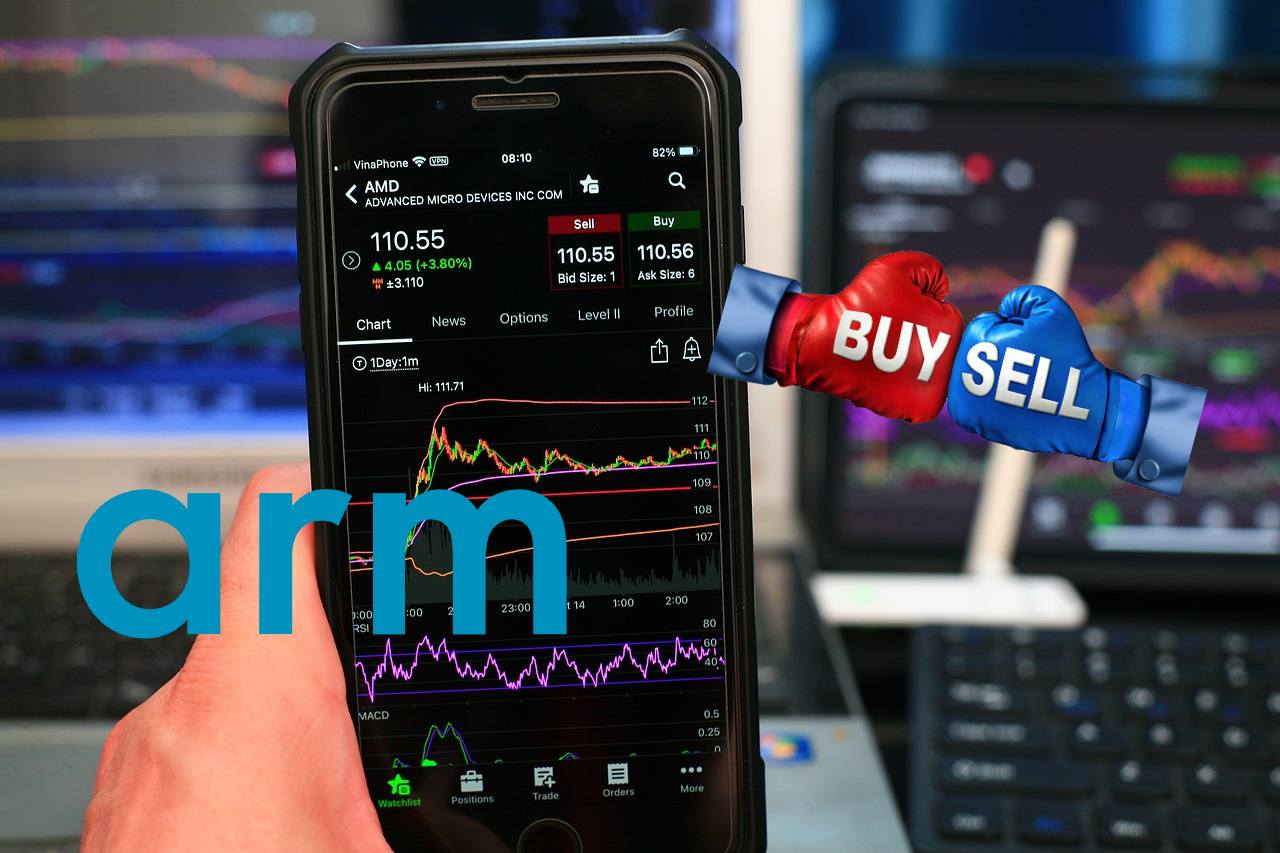 mobile trading con logo arm e guantoni da pugile con buy e sell