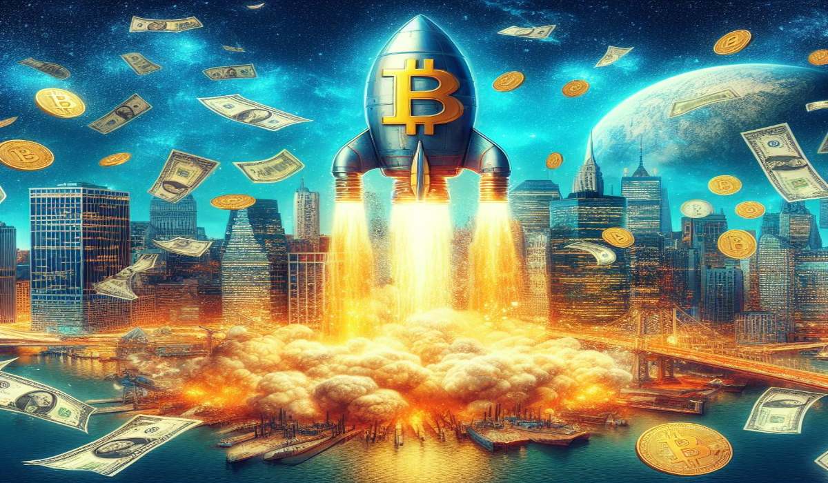 razzo con logo di Bitcoin e pioggia di dollari