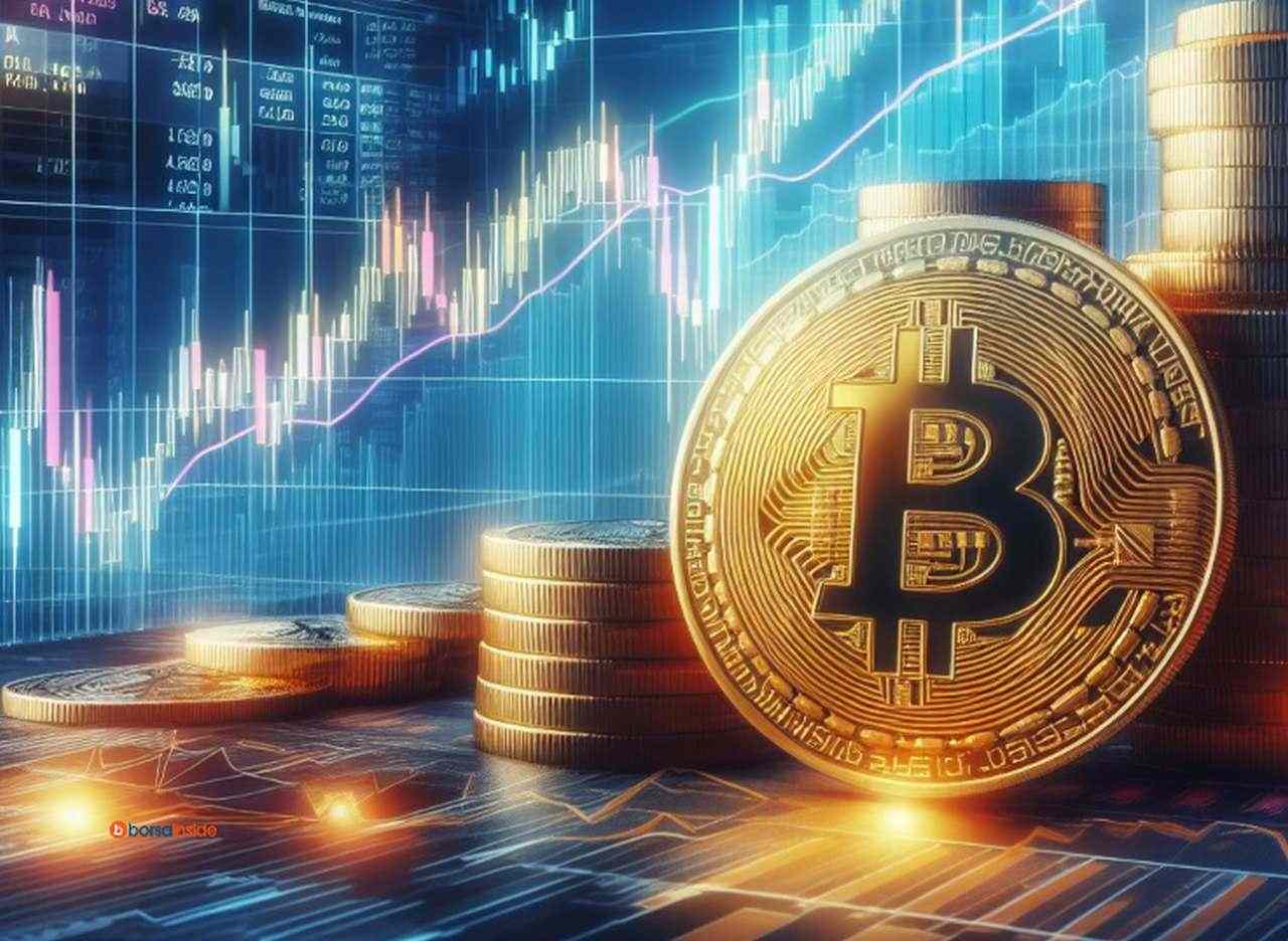 Alcune monete di Bitcoin su un piano con dei grafici finanziari luminosi sullo sfondo