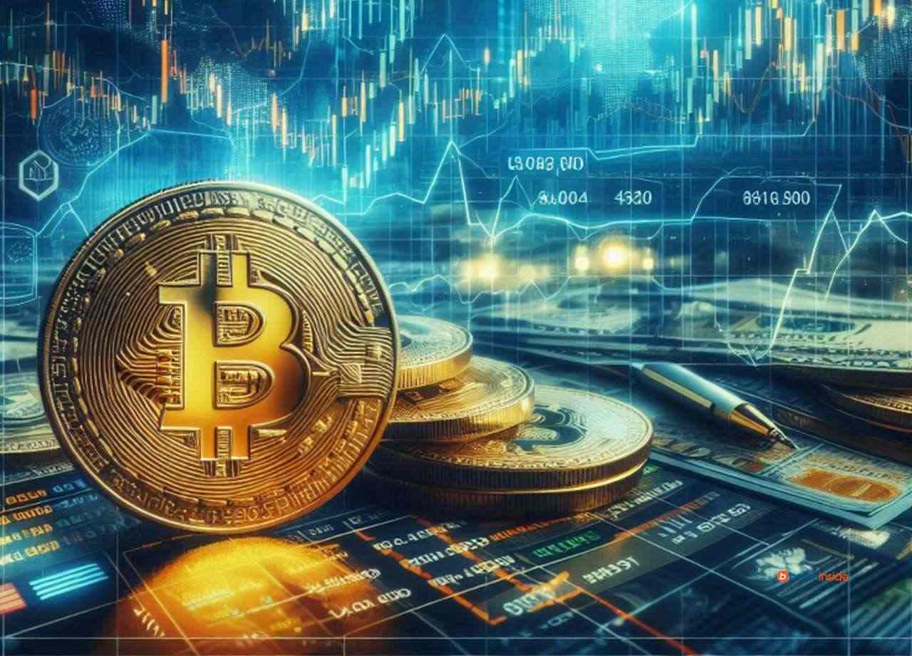 Una moneta di Bitcoin su un piano con altre monete e dei grafici finanziari sullo sfondo