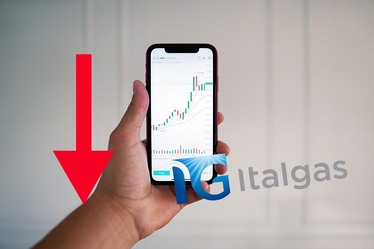 mobile trading con logo di Italgas e freccia verso il basso