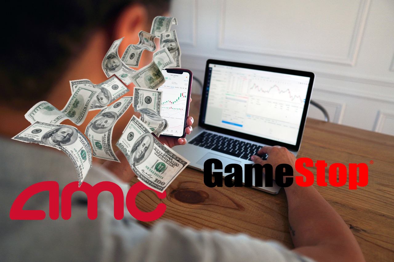 trader in azione e logo di AMC e GameStop con dollari sullo sfondo
