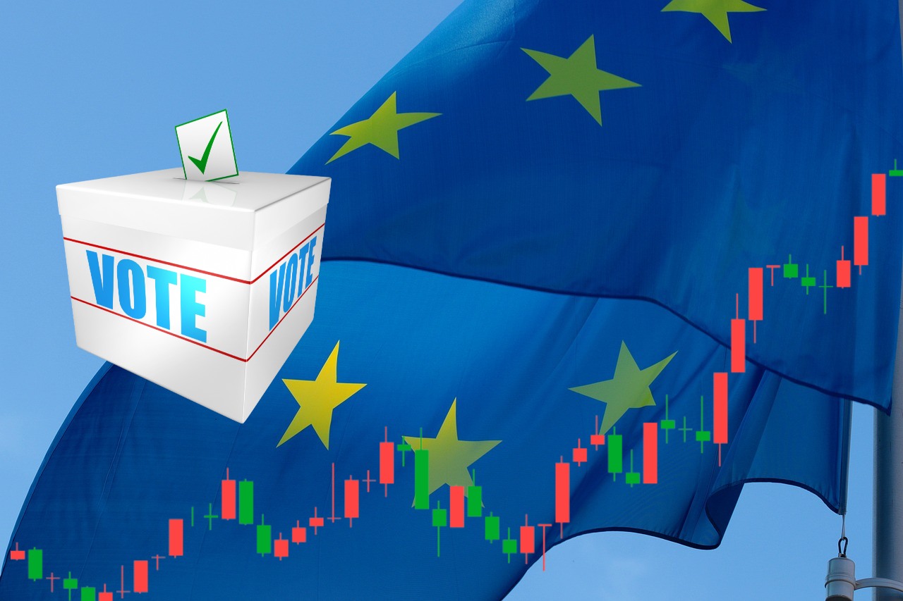 bandiera dell'Unione Europea, urna elettorale e grafico di borsa
