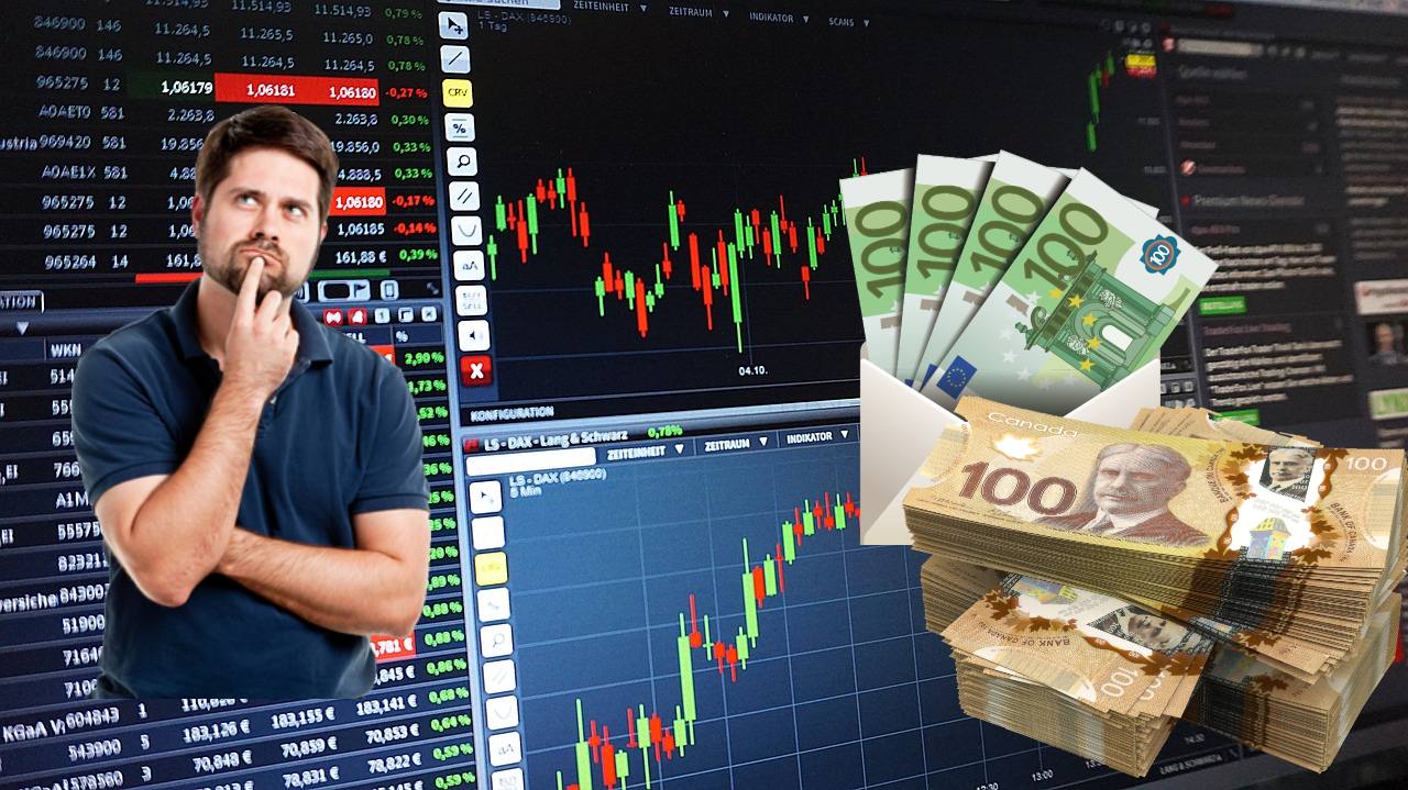 investitore che pensa e sullo sfondo un grafico di borsa con Euro e Dollari Canadesi in banconote