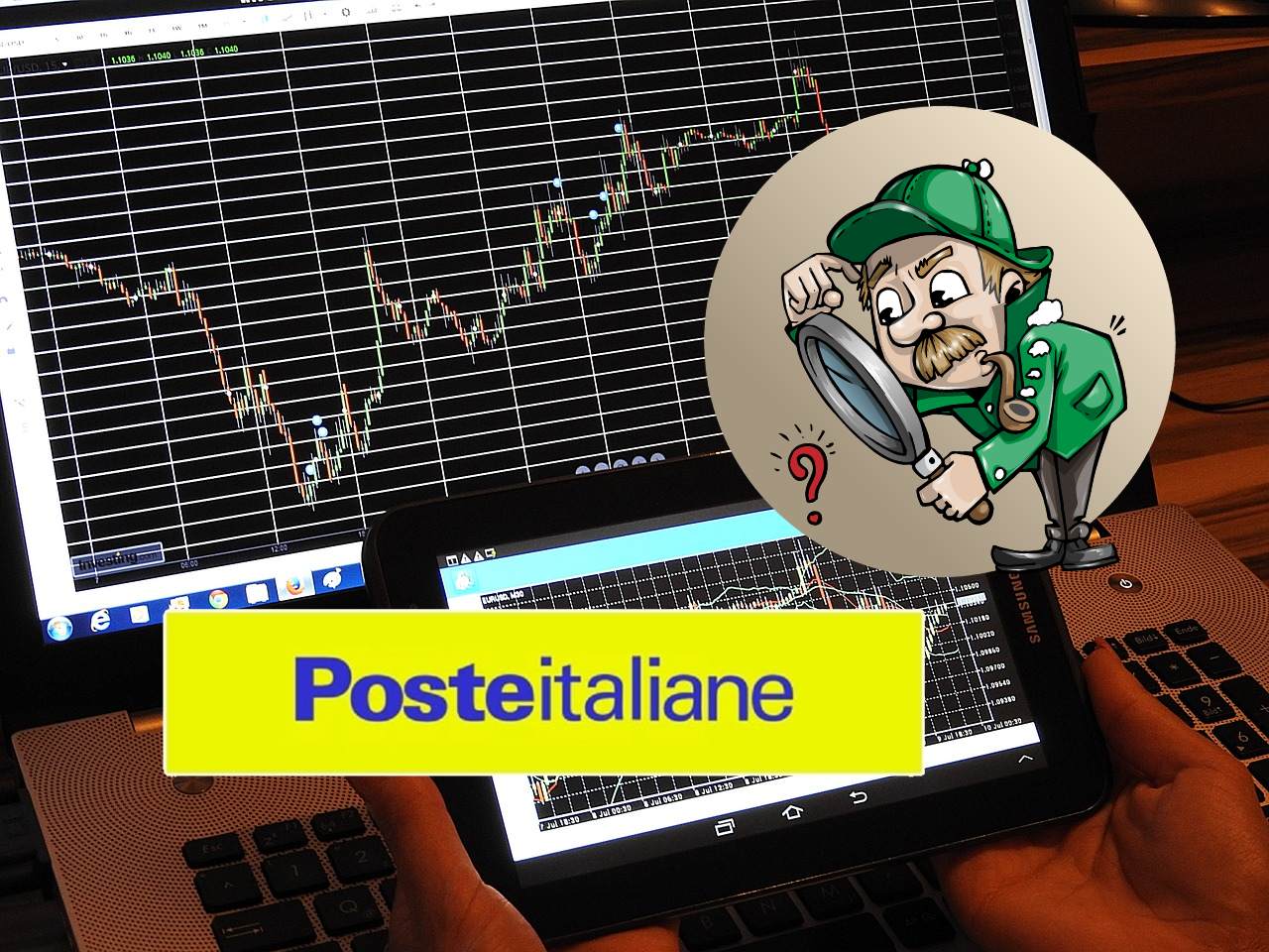 chart di trading con investigatore stilizzato e logo di Poste Italiane