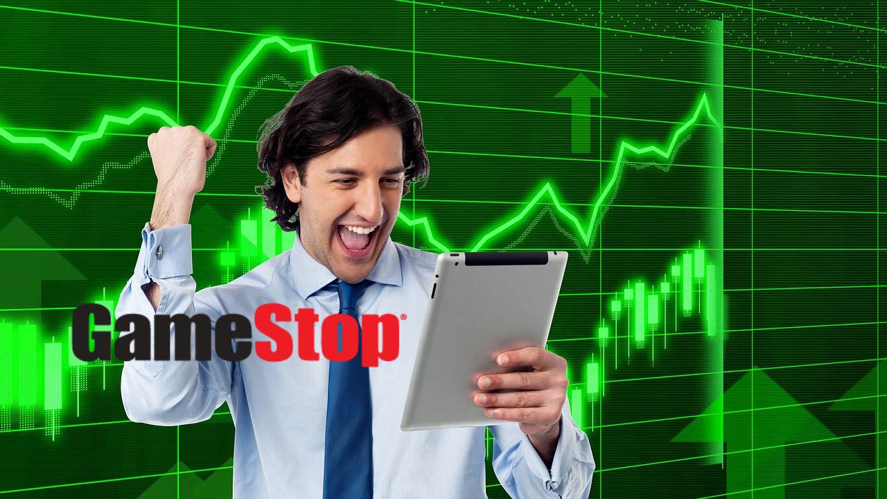 trader contento e logo di GameStop