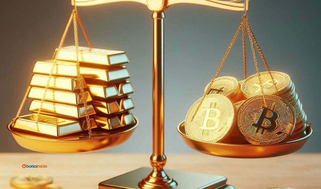 Una bilancia d'oro con dei lingotti d'oro su un piatto e delle monete di Bitcoin sull'altro