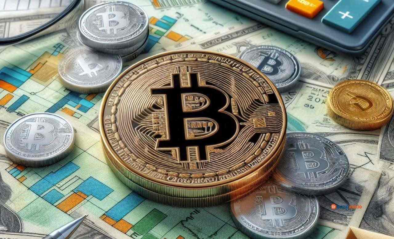 Una moneta di Bitcoin al centro su diverse banconote, fogli con grafici e monete più piccole