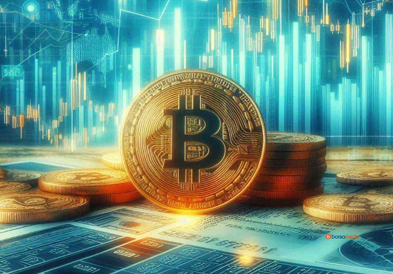 Una moneta di Bitcoin poggiata di taglio su un piano insieme ad altre monete. Sullo sfondo dei grafici a candele luminosi in toni turchese