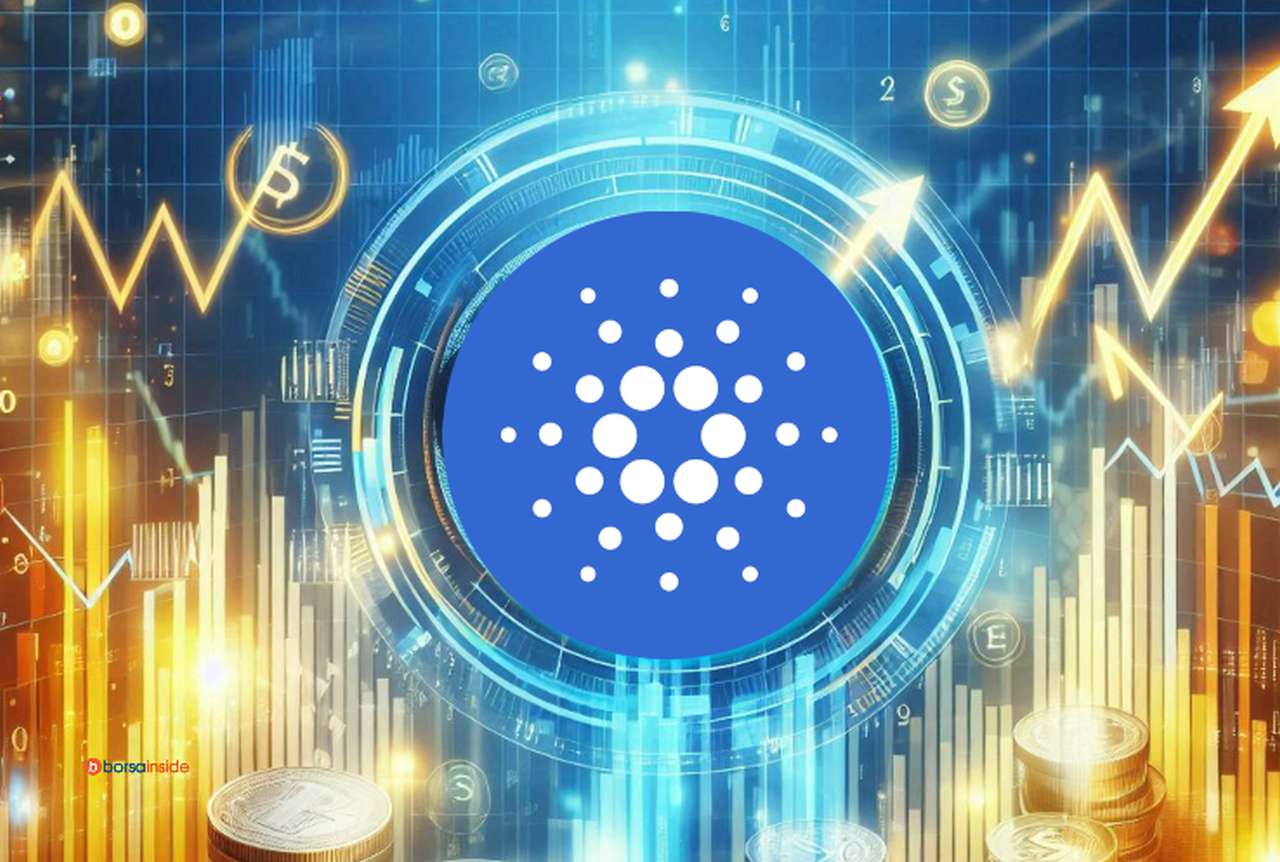 Alcune monete e dei grafici luminosi con il simbolo della crypto Cardano che campeggia al centro in un cerchio luminoso in toni di turchese