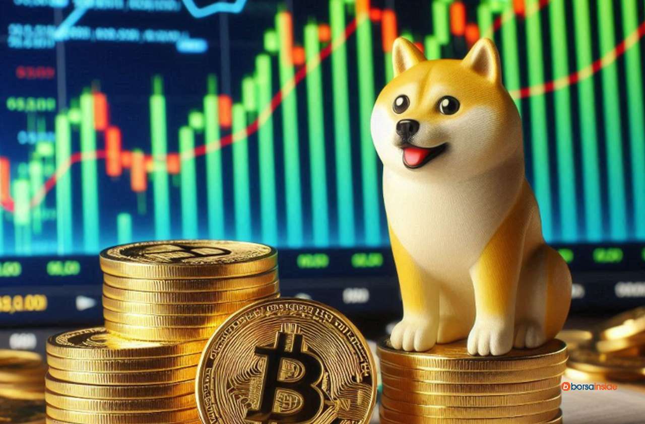 alcune monete di Bitcoin su un piano con un pupazzo con le sembianze del cane simbolo di DOGE e dei grafici a candele sullo sfondo