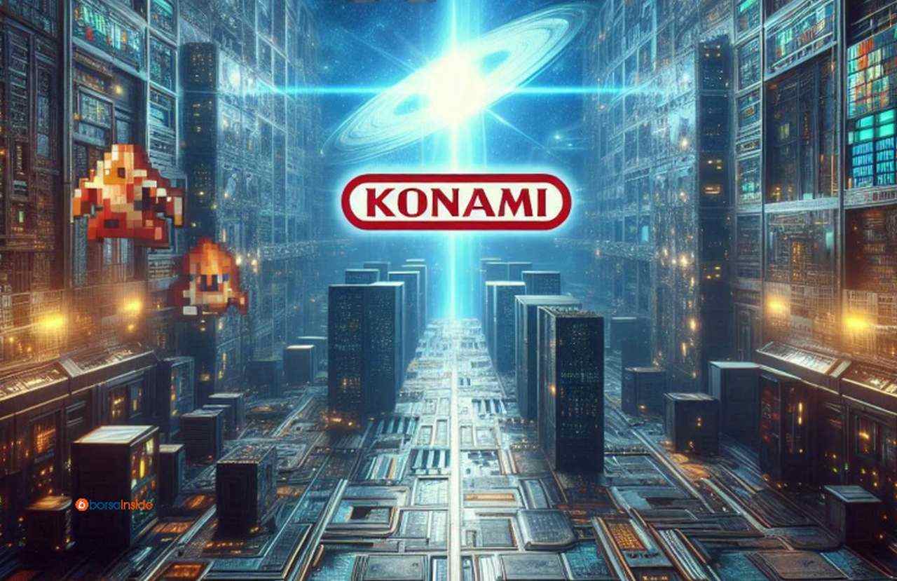 Il logo della casa produttrice Konami al centro di un paesaggio futuristico con delle immagini pixelate