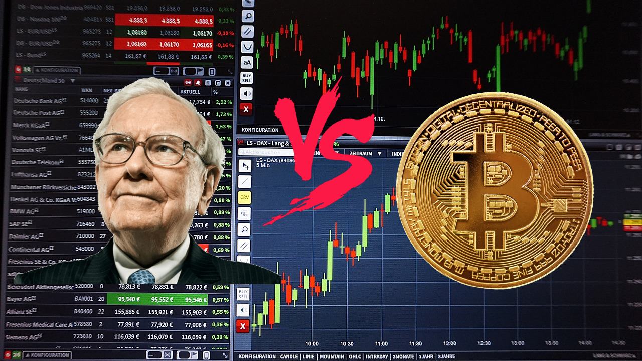 grafico di borsa con ritratto di Buffett e Bitcoin