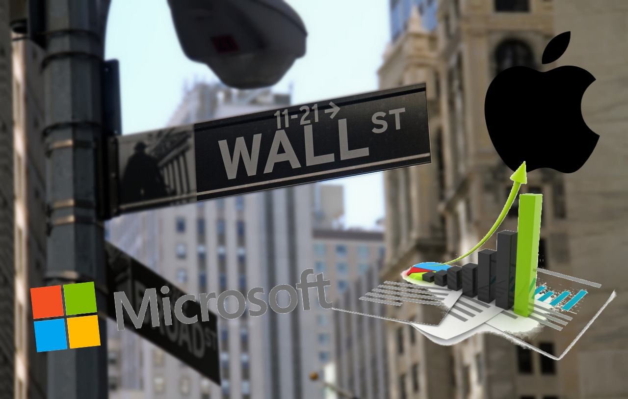 indicazione per Wall Street e logo di Microsoft e Apple