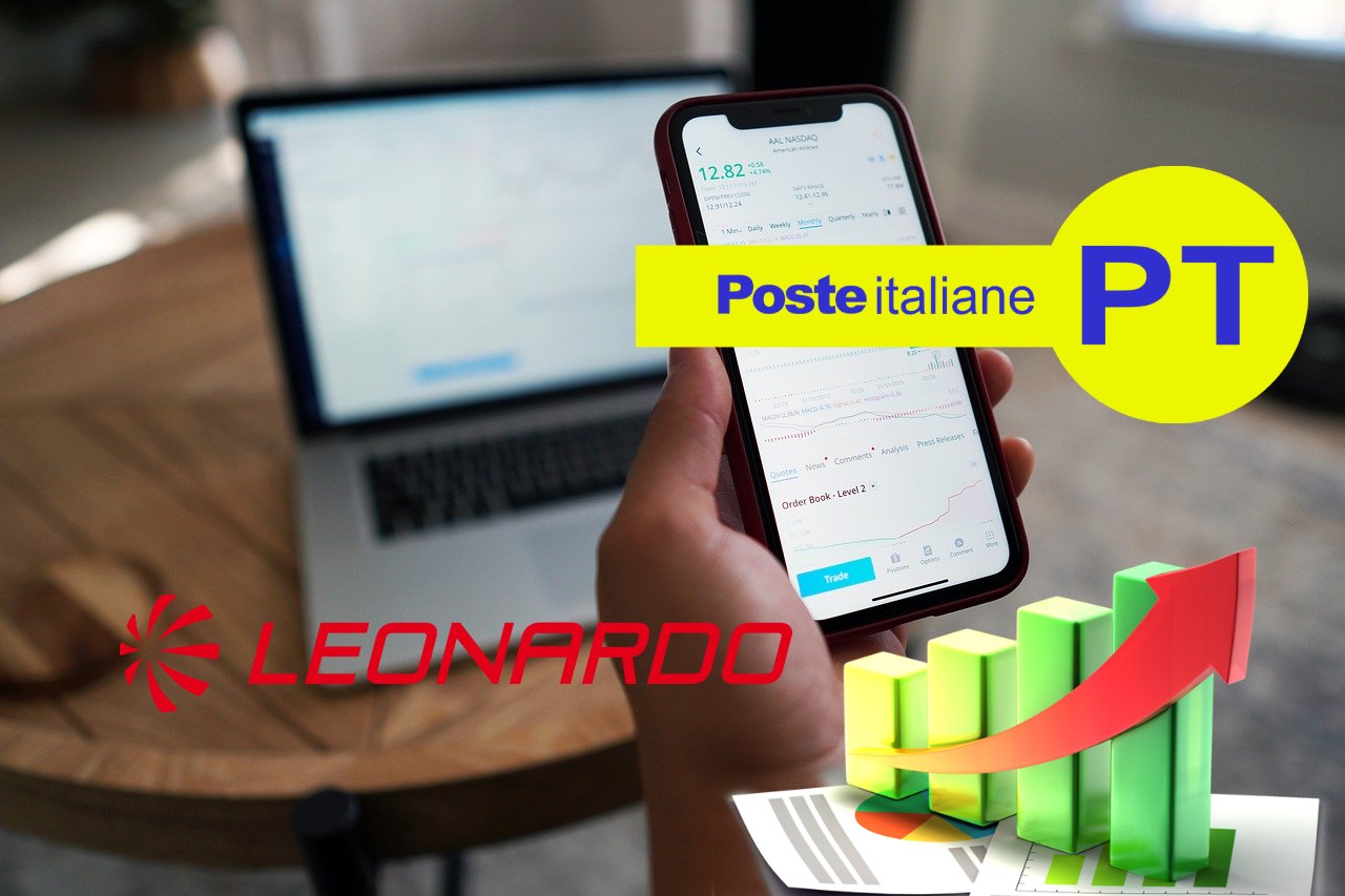chart di trading con logo di Leonardo e di Poste Italiane