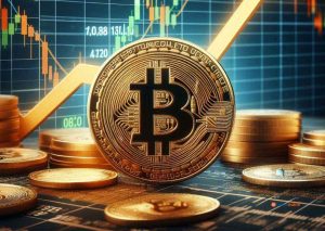 Una moneta di Bitcoin e dei grafici sullo sfondo