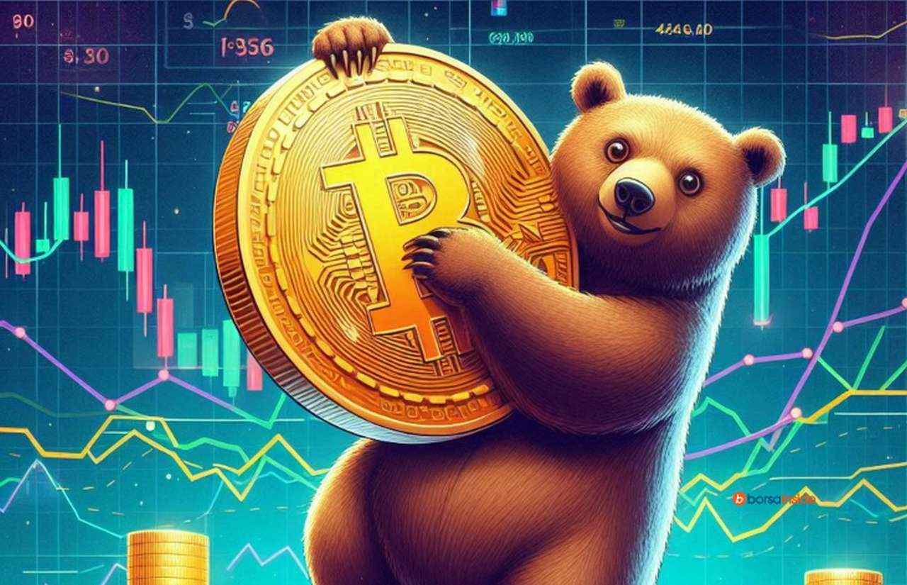 Un orso appeso a una moneta di Bitcoin con dei grafici a candele sullo sfondo