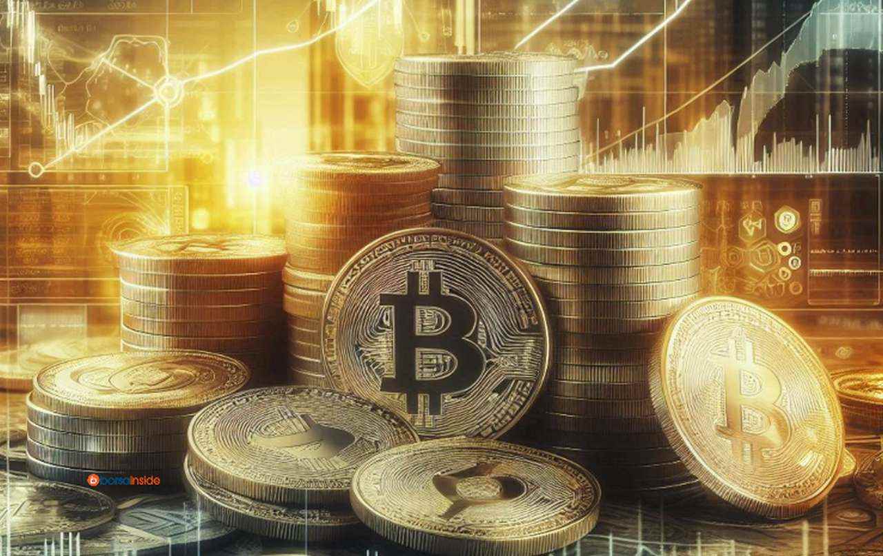 Alcune monete di Bitcoin impilate con uno sfondo luminoso dai toni oro