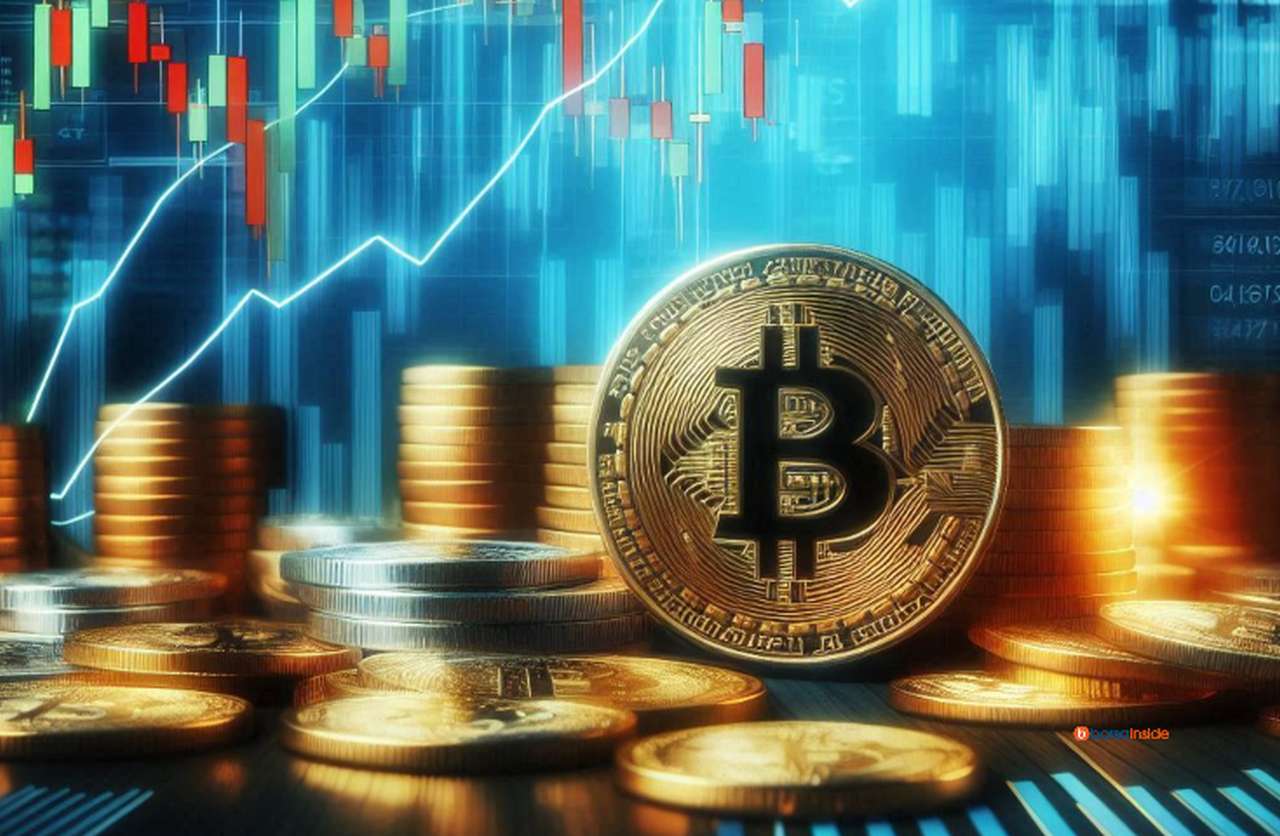 Alcune monete di Bitcoin su un piano con dei grafici a candele sullo sfondo