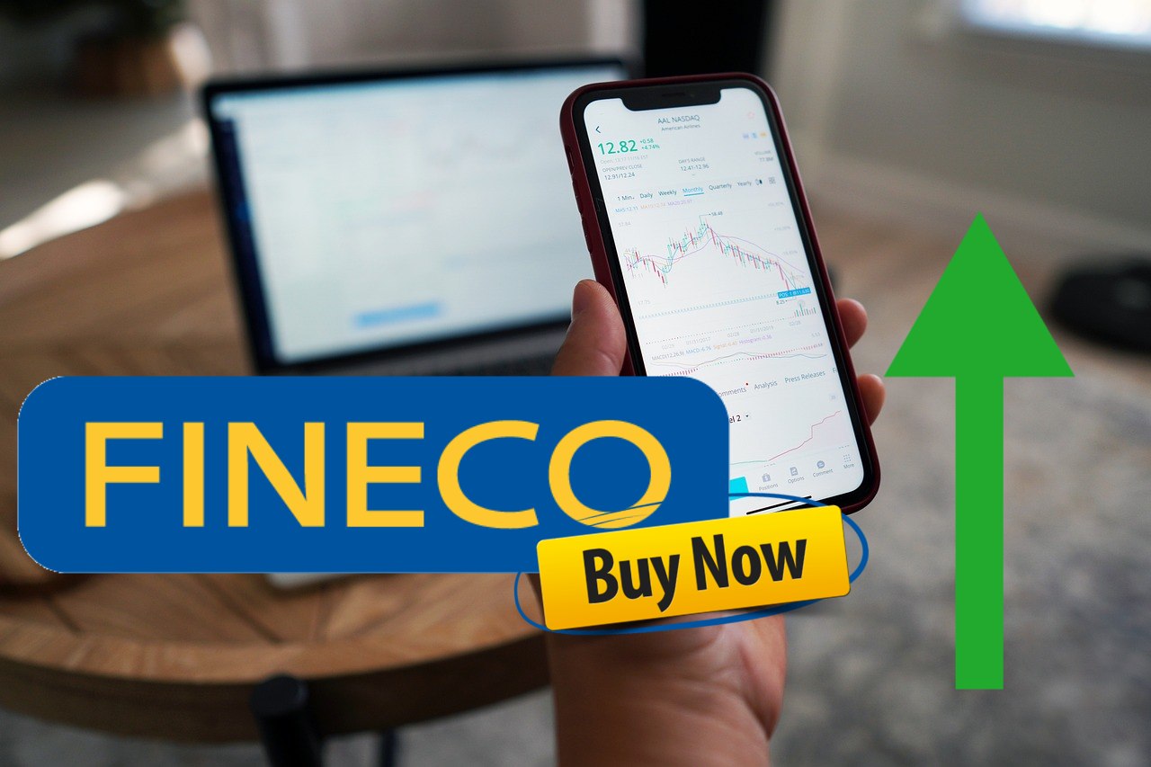 mobile trading e logo di Fineco con tasto buy