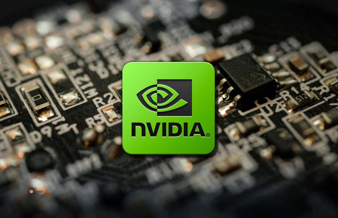 Una scheda elettronica con il logo di Nvidia al centro in sovrimpressione
