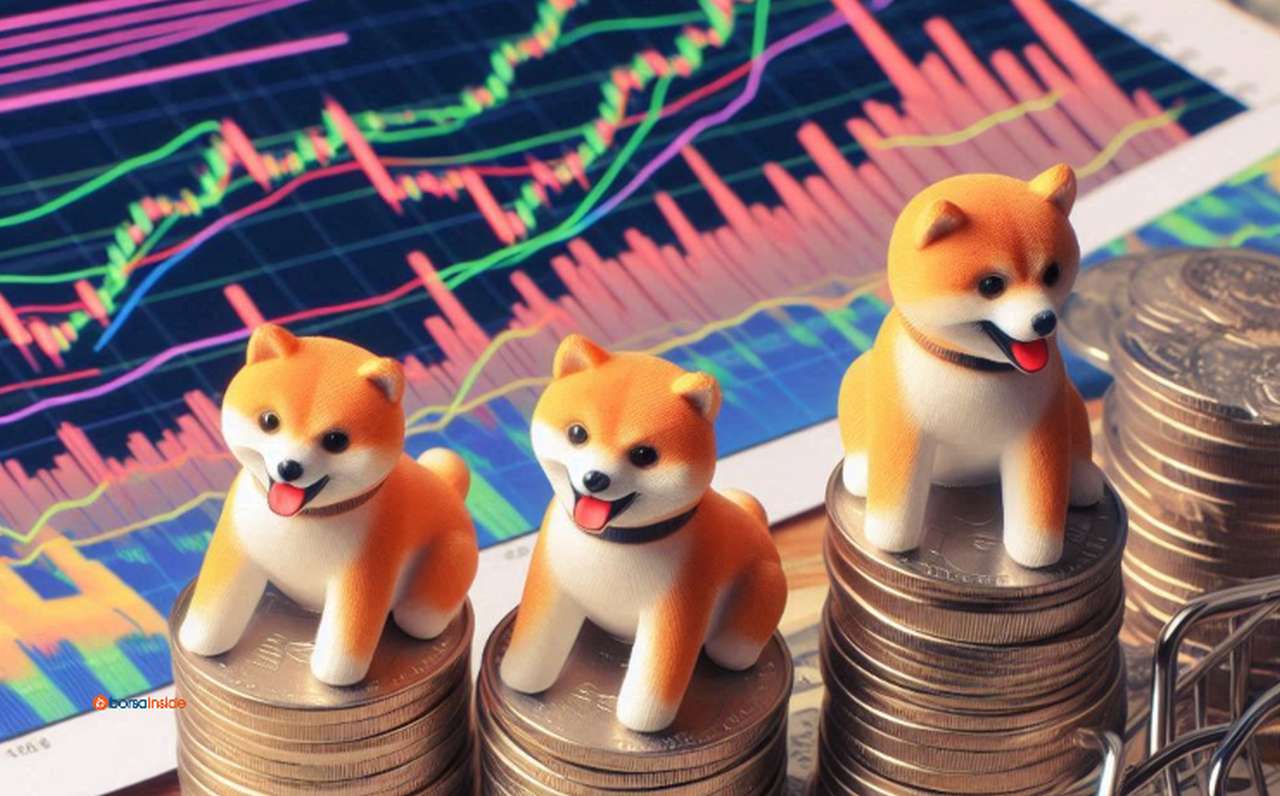 Alcuni cuccioli peluche di Shiba Inu su delle pile di monete e dei grafici a candele sullo sfondo