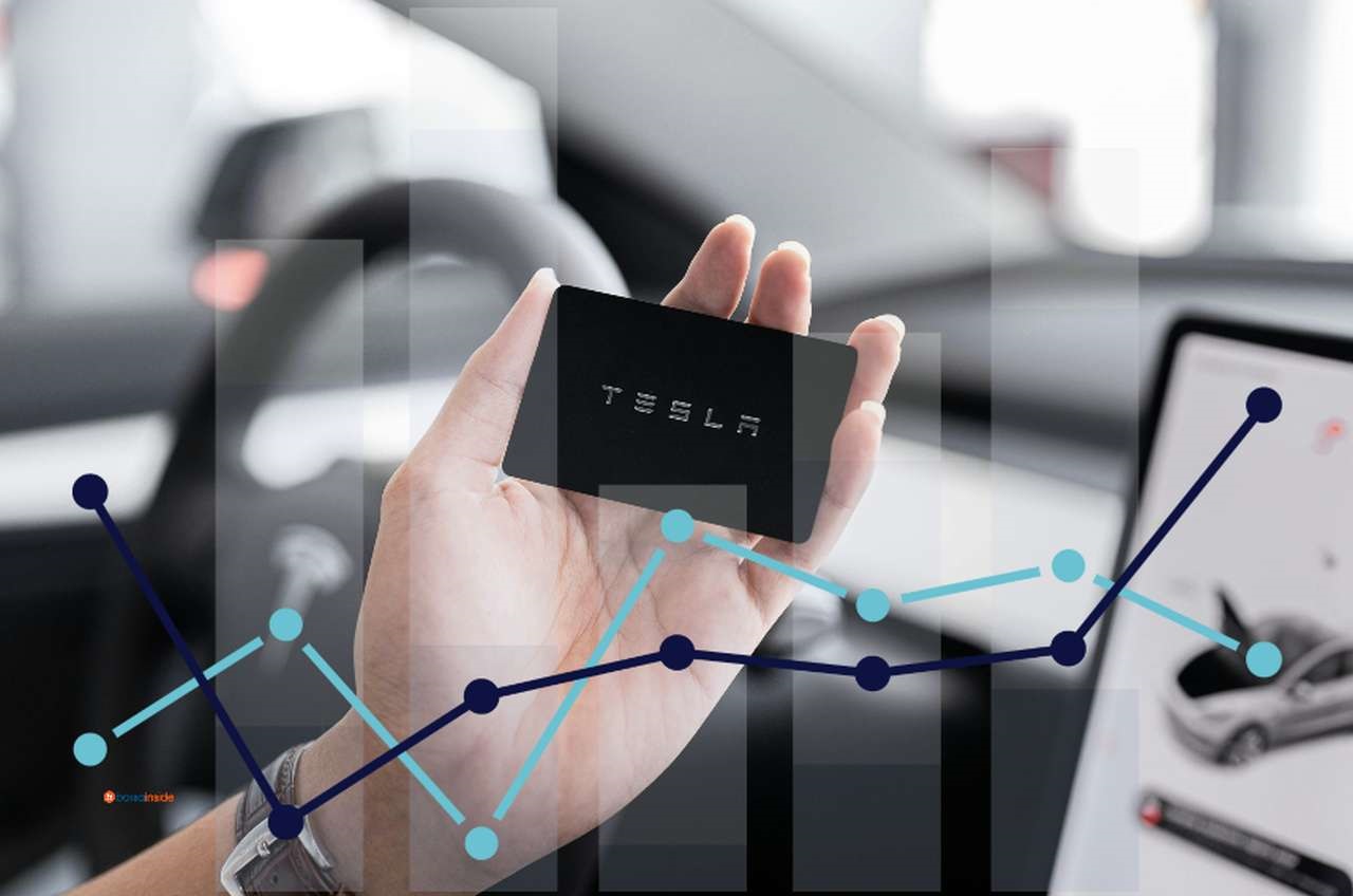 Una mano che regge una tessera nera con la scritta Tesla e un grafico in trasparenza in sovrimpressione