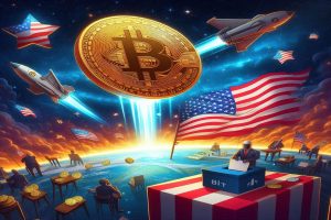 bitcoin che vola verso lo spazio e urna elettorale degli Stati Uniti
