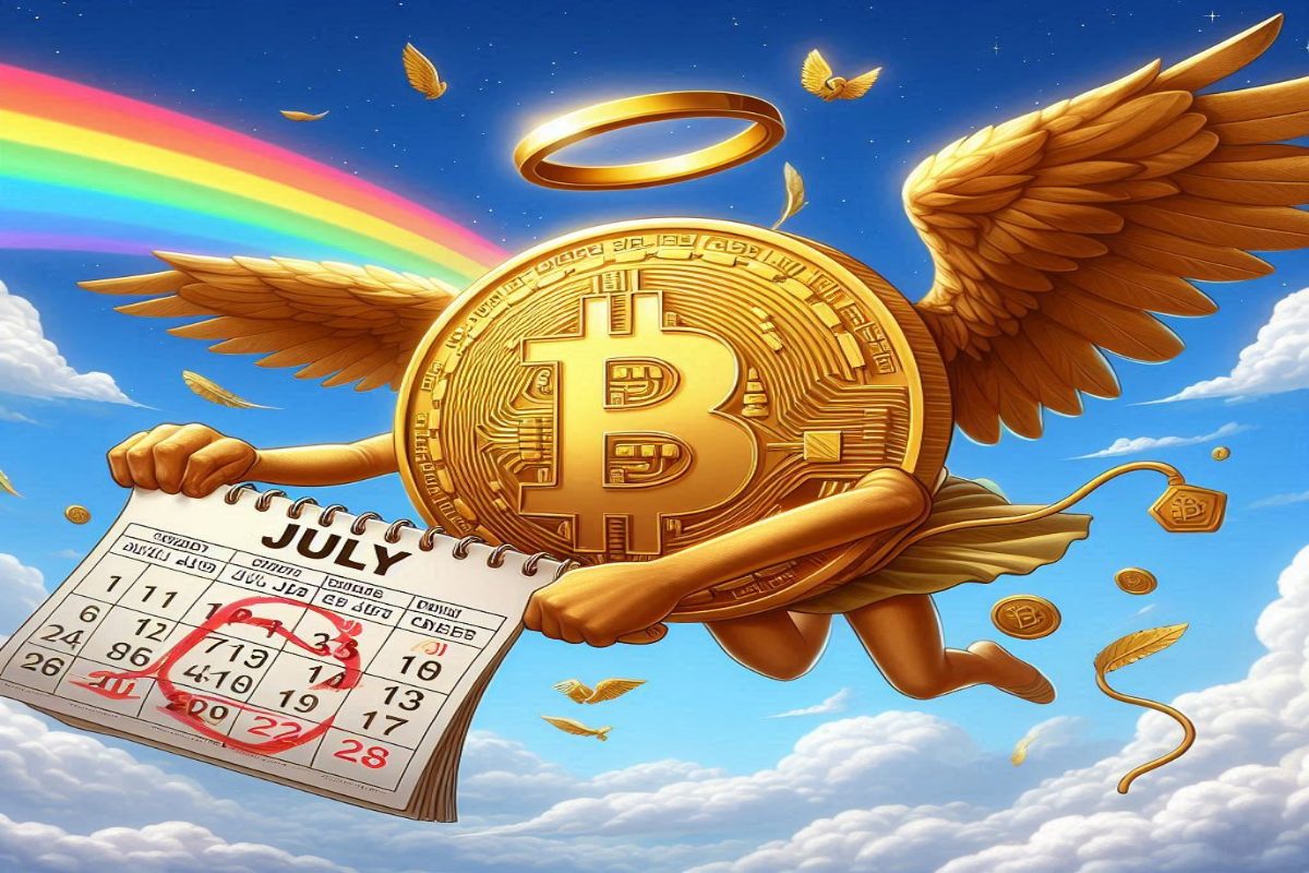 bitcoin con ali e in mano calendario di luglio