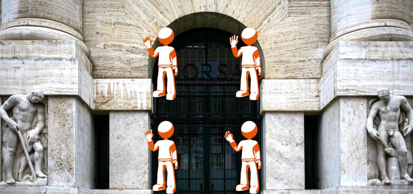 ingresso della borsa di Milano con pupazzi stilizzati che salutano