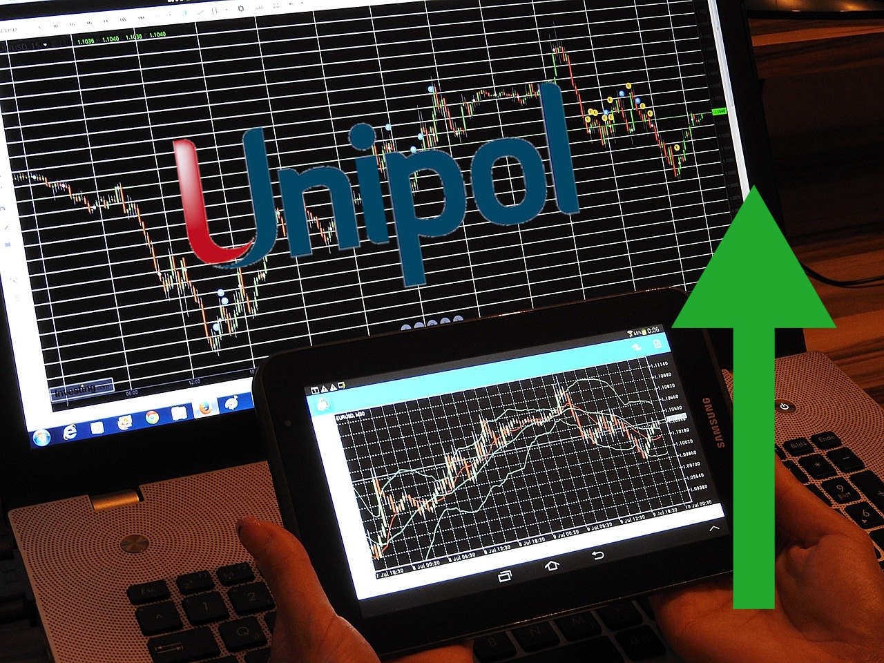 chart di trading con logo di Unipol e freccia verso alto