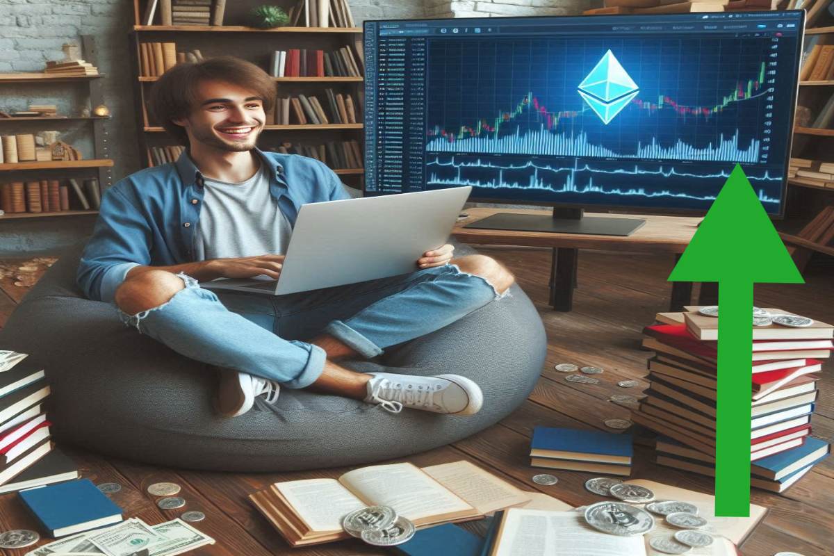 investitore entusiasta e sullo sfondo grafico di Ether