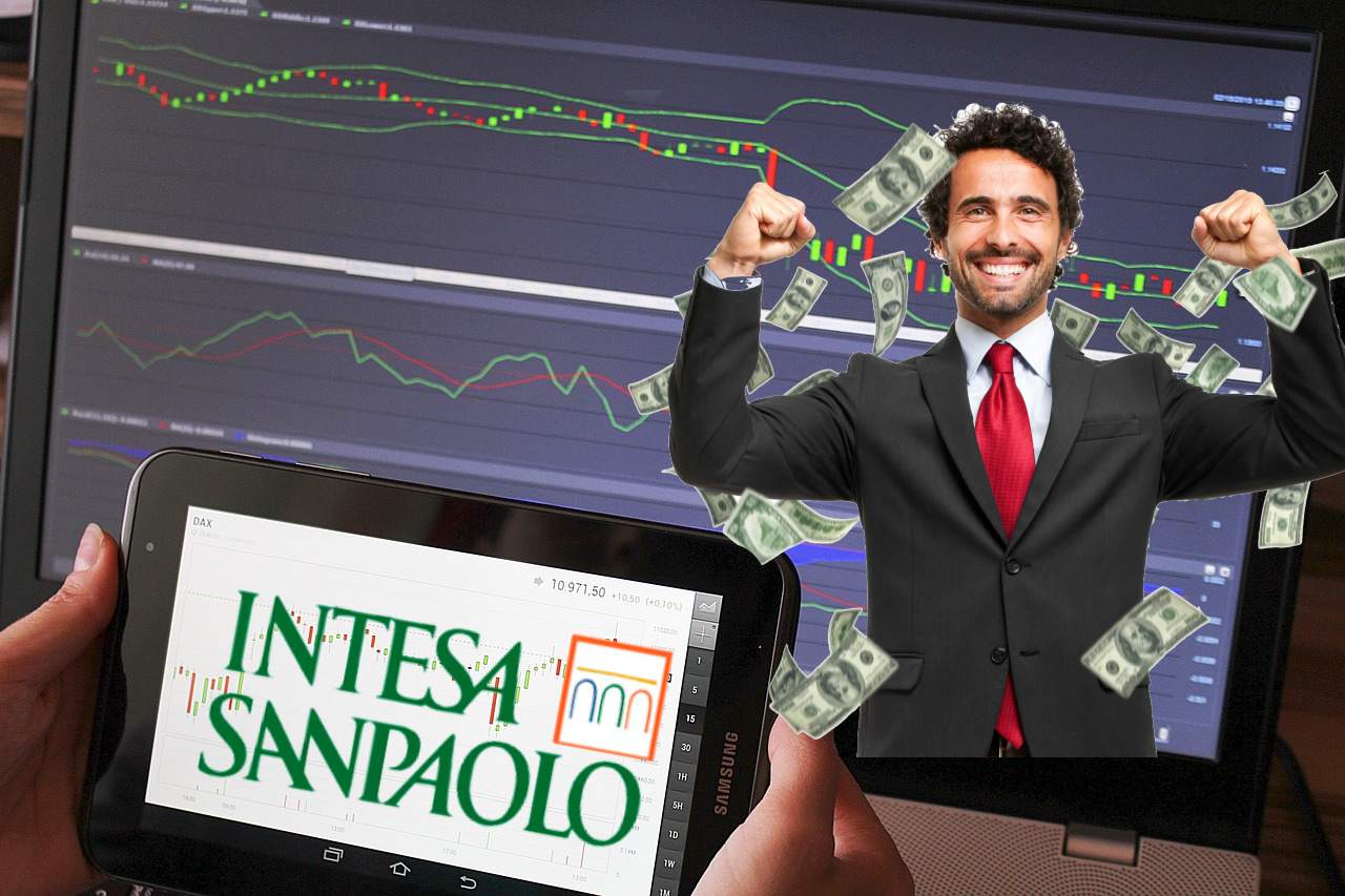 chart di trading con trader che esulta e logo di Intesa Sanpaolo