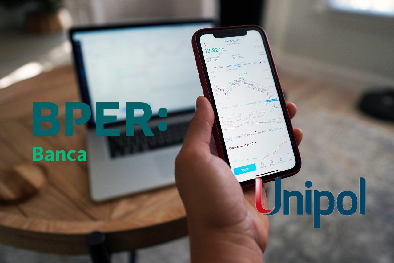 mobile trading e logo di BPER e di Unipol