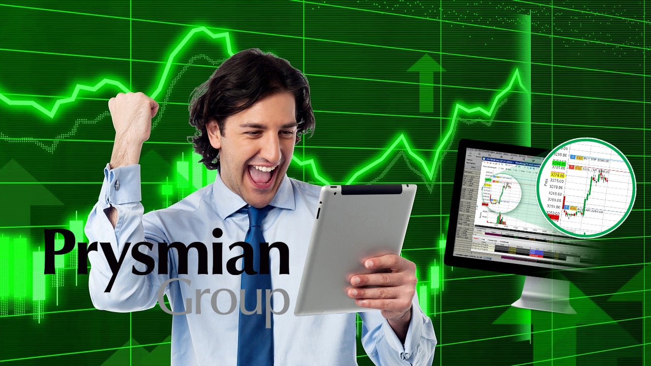 trader euforico con logo di Prysmian