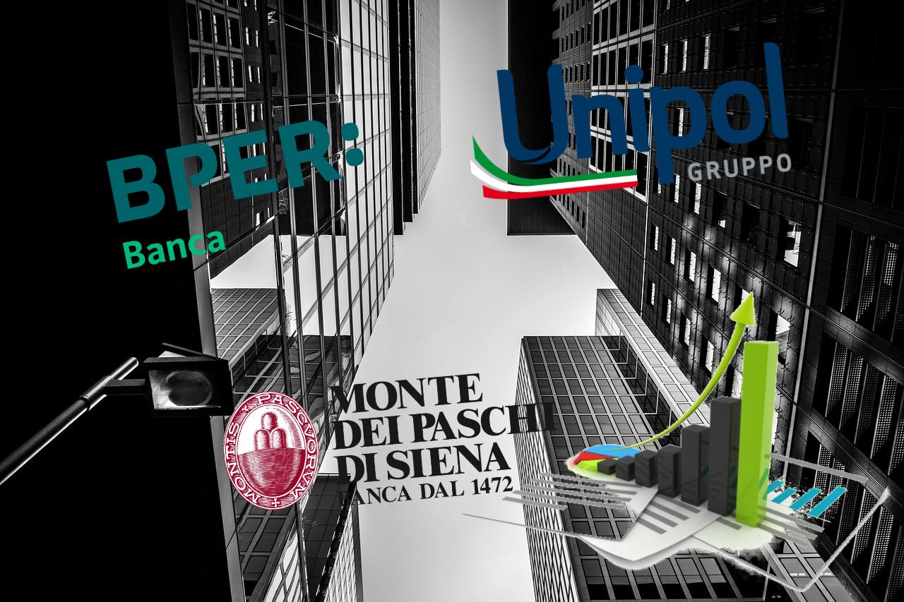 grattacieli con logo di BPER, MPS e Unipol