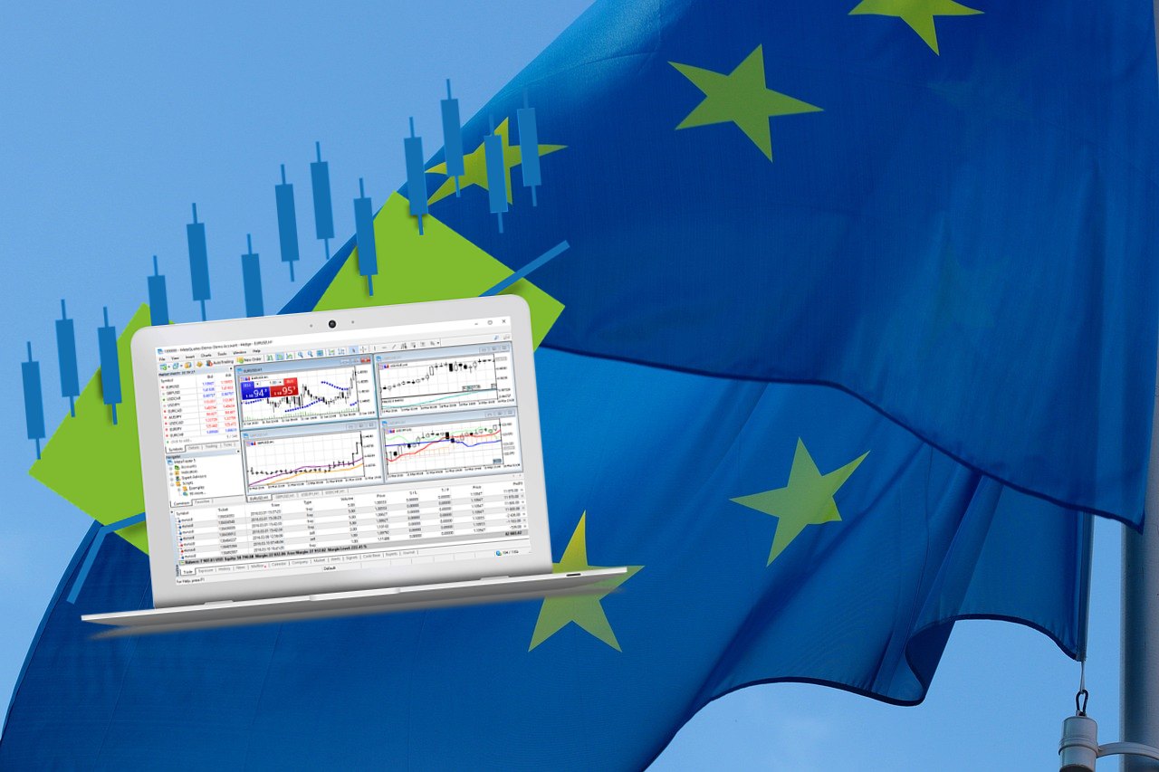 bandiera UE e grafico di trading