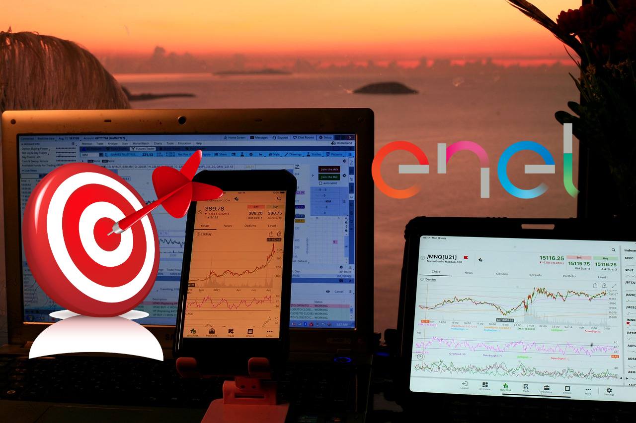 grafici di trading, logo di Enel e freccia nel target